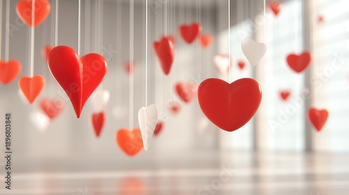 Heartfelt Decorations: A cascade of vibrant red and delicate white heart decorations dangles gracefully, creating a serene and romantic ambiance. This captures the essence of love and tenderness