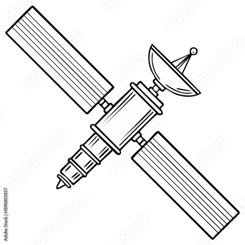 Space satellite line art illustration for global communication broadcasting and scientific technology