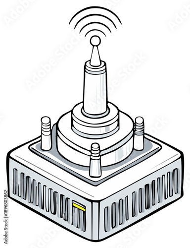Vector illustration of a wireless router with antenna emitting a signal in an isolated sketch style