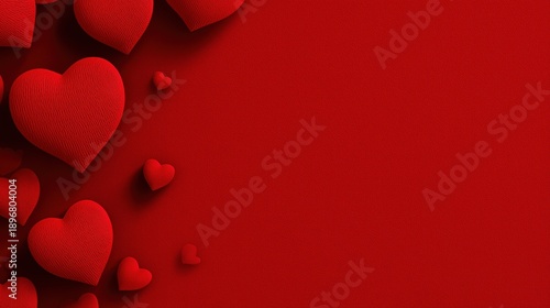 Crimson Hearts: A cascade of velvety, three-dimensional crimson hearts, arranged artfully against a rich red backdrop, radiating warmth and affection.