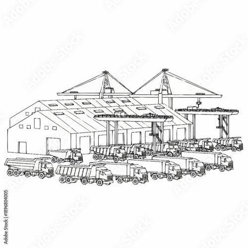 Industrial Warehouse with Trucks and Cranes Illustration.
