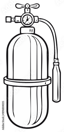 Outline illustration of a scuba diving tank with pressure gauge and regulator valve equipment
