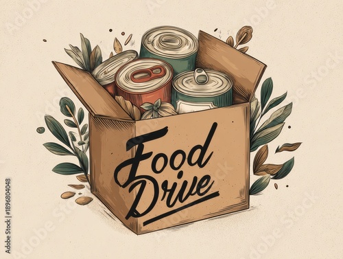 Cardboard Box Filled With Canned Goods And Green Leaves Food Drive Illustration