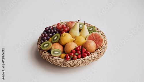 Woven Basket Overflowing with Assorted Fresh Fruits on White Background fruit basket