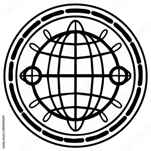 Stylized Globe Icon in Black and White Featuring Geometric Lines and Circular Accents Emblematic of Global Connection