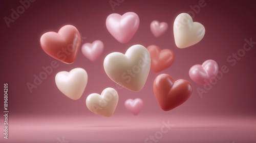 Floating Hearts: Delicate, glossy, heart-shaped forms in varying shades of pink float gracefully against a soft pink backdrop, celebrating romance and affection.