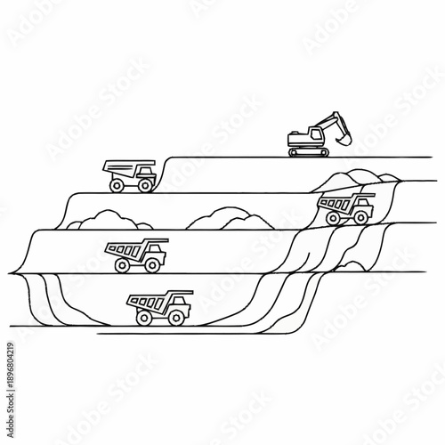 Mining Operation with Trucks and Excavator.