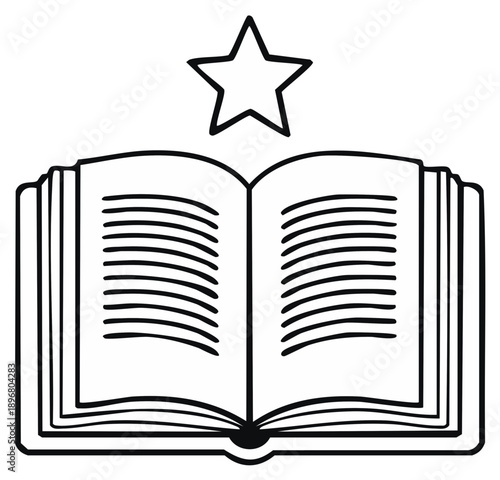 Simple line art icon of an open book with a star symbol for knowledge learning and achievement