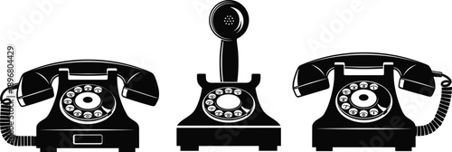 Vintage rotary dial telephone icon set with handset cradle, lifted receiver, coiled cord, black silhouette vector for retro communication
