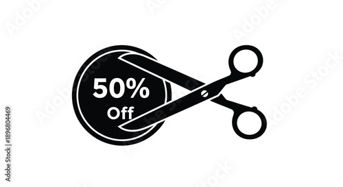 Fifty percent off sale advertisement featuring scissors a bold silhouette