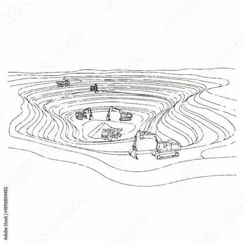 Open pit mine with heavy machinery and trucks.