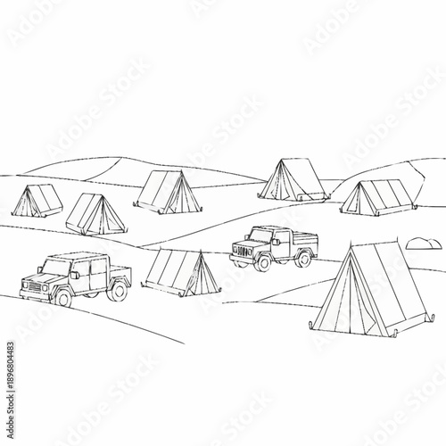 Sketch of Camping Tents and Vehicles in an Outdoor Setting.