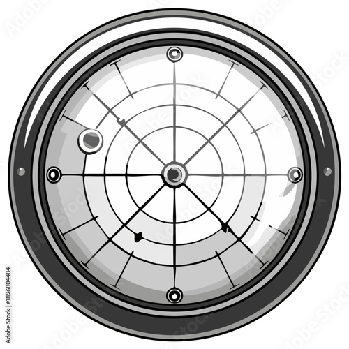 Circular radar screen with concentric circles and radiating lines showing targets