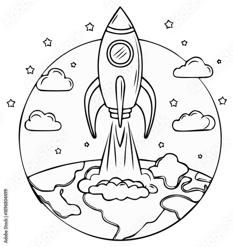 Rocket launch from Earth into space with stars and clouds