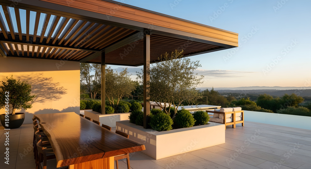 Fototapeta premium Luxury outdoor dining area with infinity pool and sunset view, modern architectural design