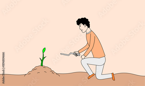 Man is kneeling down and tending to a small plant