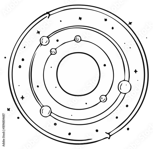 Hand Drawn Solar System Diagram with Orbits Planets Stars and Center Sun