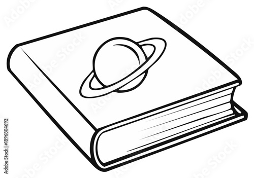 Outline drawing of a hardcover book with a planet and rings on its cover