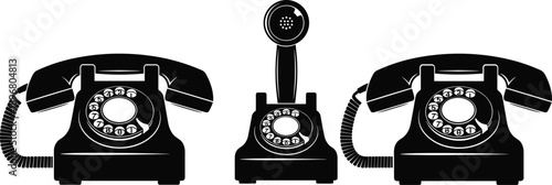 Vintage rotary dial telephone icon set with lifted handset, cradle position, coiled cord, black silhouette vector for retro communication