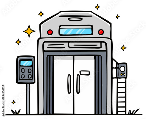 Cartoon style illustration of a modern elevator entrance with control panel