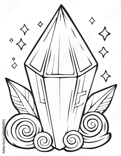 Faceted magic crystal gemstone surrounded by swirling leaves and twinkling stars