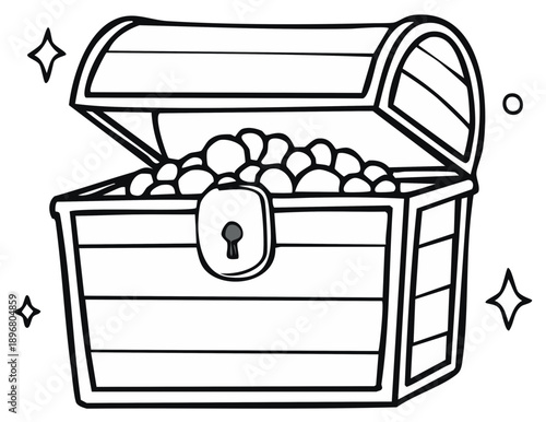 Open treasure chest overflowing with shiny gold coins and jewels with sparkling highlights