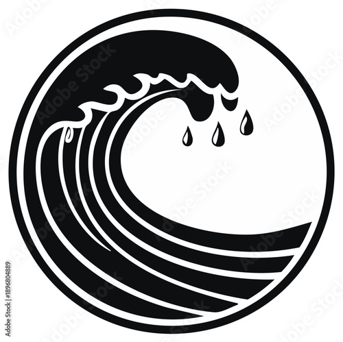 Large stylized ocean wave crashing inside a circular frame black and white vector logo