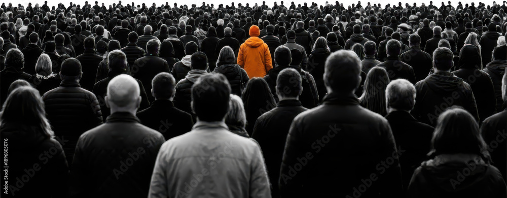 Obraz premium A lone individual in an orange jacket stands out from a densely packed crowd viewed from behind in a desaturated dramatic scene gathering separation uniqueness difference