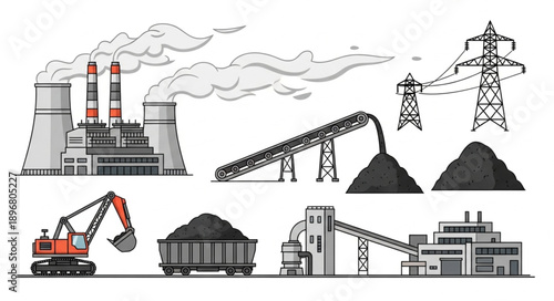 Coal mining and power generation industrial complex illustration.