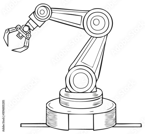 Industrial robot arm with gripper mechanism in line drawing style