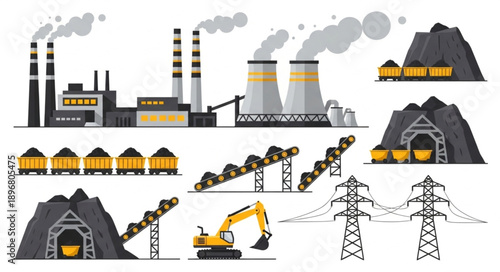 Coal mining industry and power generation illustration set.