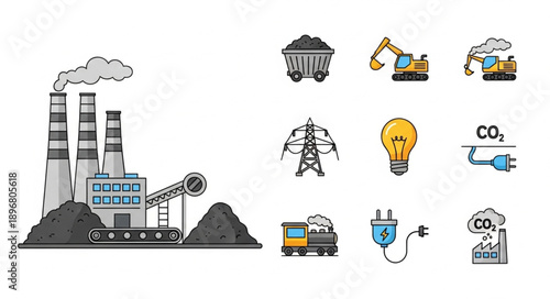 Coal power plant and industrial icons representing energy production and pollution.