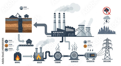 Coal power plant energy generation process illustration.