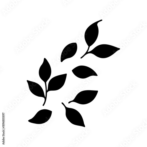 a simple black and white illustration of leaves on stems