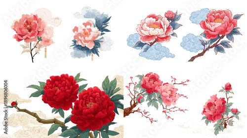 Beautiful peony flowers and branches in traditional Chinese painting style, elegant botanical illustration for spring festival decoration and oriental art prints.