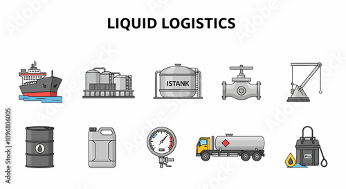 Collection of ten icons related to liquid logistics arranged in two rows
