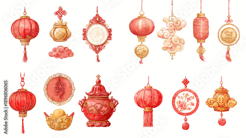 Collection of ornate Chinese lanterns and hanging decorations with gold details, traditional festive elements for Lunar New Year greeting cards and cultural designs.