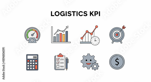 Eight icons illustrating logistics key performance indicators on a white background