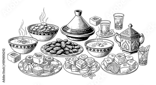 Ramadan Iftar Food Set Illustration, Hand Drawn Sketch of Traditional Middle Eastern Dishes, Dates, Tagine, Soup, and Arabic Sweets on White Background