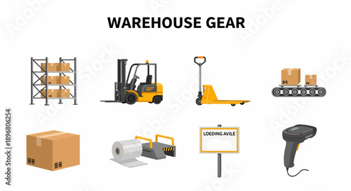 Graphic depicting various warehouse equipment and supplies on a white background