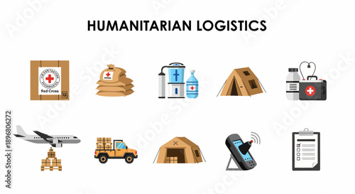 Humanitarian logistics icons showing supplies transport and tracking tools on a white background
