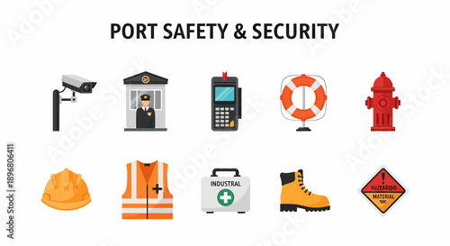 Icons illustrating port safety and security equipment and personnel