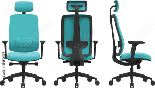 Ergonomic office chair views, modern furniture design, adjustable seat with headrest, lumbar support, vector illustration for workspace