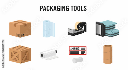 Illustration of eight packaging tools and containers arranged in two rows