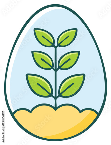 Green plant seedling growing within an eggshell icon representing new life, growth, and environmental sustainability.