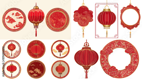 Traditional red and gold Chinese lantern collection with ornate patterns and tassels, festive oriental decorations for Lunar New Year celebration and cultural events.