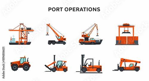 Illustration showing various orange machinery used in port operations
