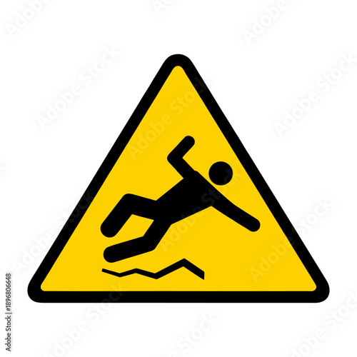 Yellow triangular warning sign with black border showing a person slipping on a wet floor, indicating caution for slippery surfaces.