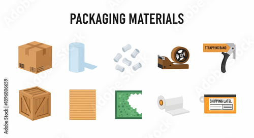 Illustrations of various packaging materials including a box crate tape and labels