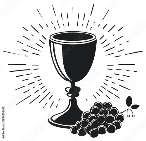 Chalice and grapes with rays of light in a monochromatic design